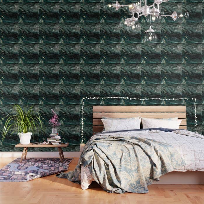 Abstract Pour Painting Liquid Marble Abstract Dark Green Painting Gold Accent Agate Stone Layers Wallpaper
