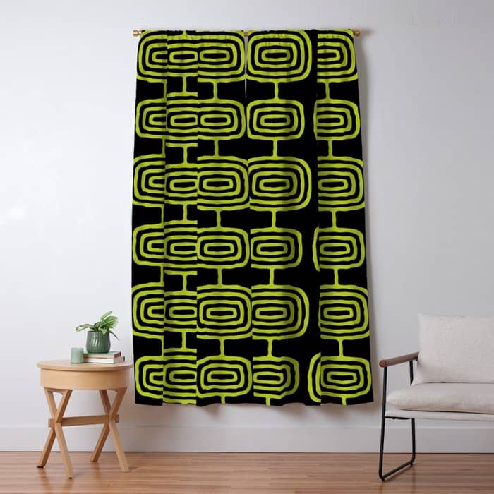 Mid Century Modern Atomic Rings Pattern Black And Chartreuse Window Curtain