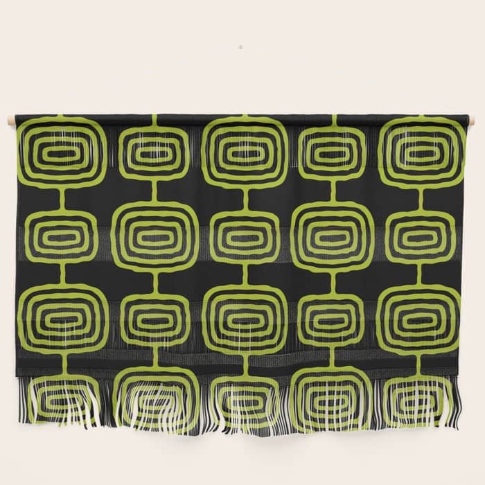 Mid Century Modern Atomic Rings Pattern Black And Chartreuse Wall Hanging