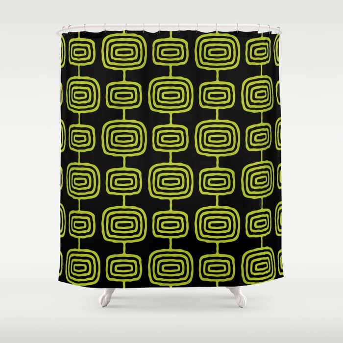 Mid Century Modern Atomic Rings Pattern Black And Chartreuse Shower Curtain
