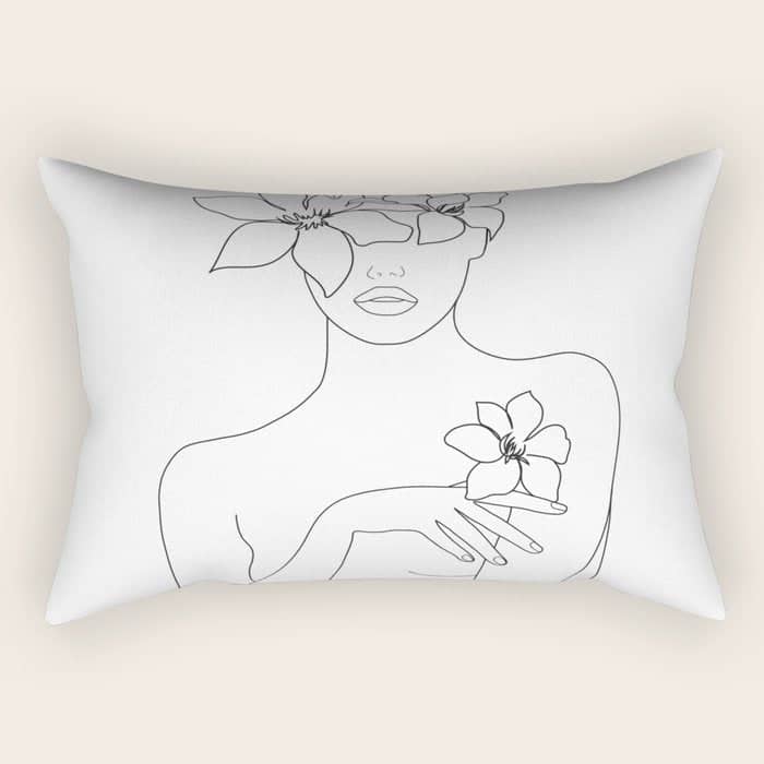 Minimal Line Art Woman With Flowers Iv Rectangular Pillow