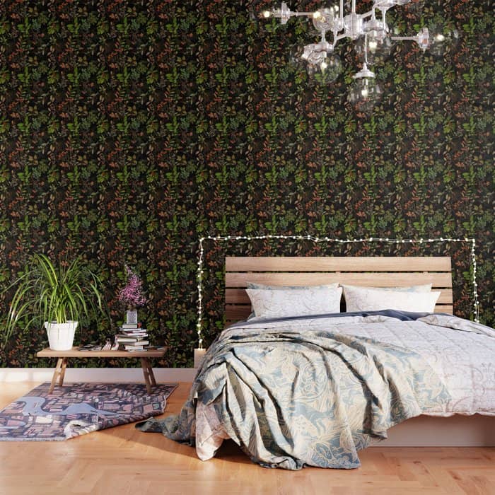 Vintage & Shabby Chic - Vintage Botanical Wildflowers And Berries On Black Wallpaper