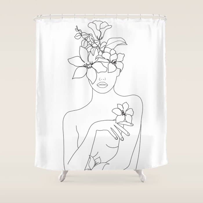 Minimal Line Art Woman With Flowers Iv Shower Curtain