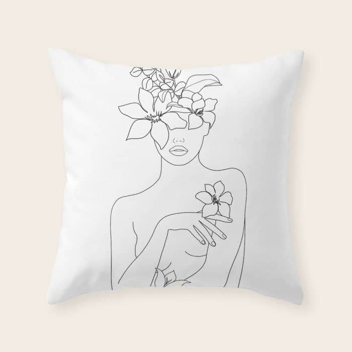 Minimal Line Art Woman With Flowers Iv Throw Pillow