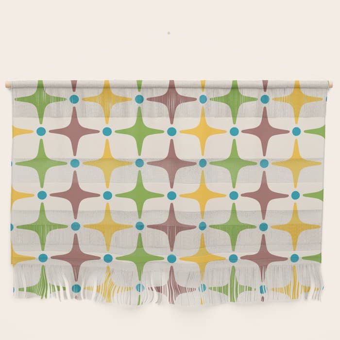 Mid Century Modern Star Pattern 214 Brown Yellow Turquoise Chartreuse Wall Hanging