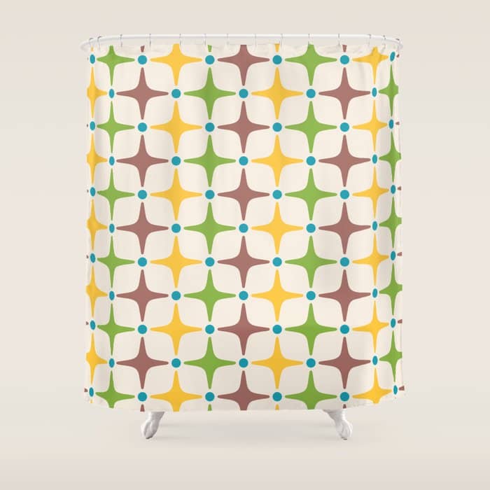 Mid Century Modern Star Pattern 214 Brown Yellow Turquoise Chartreuse Shower Curtain