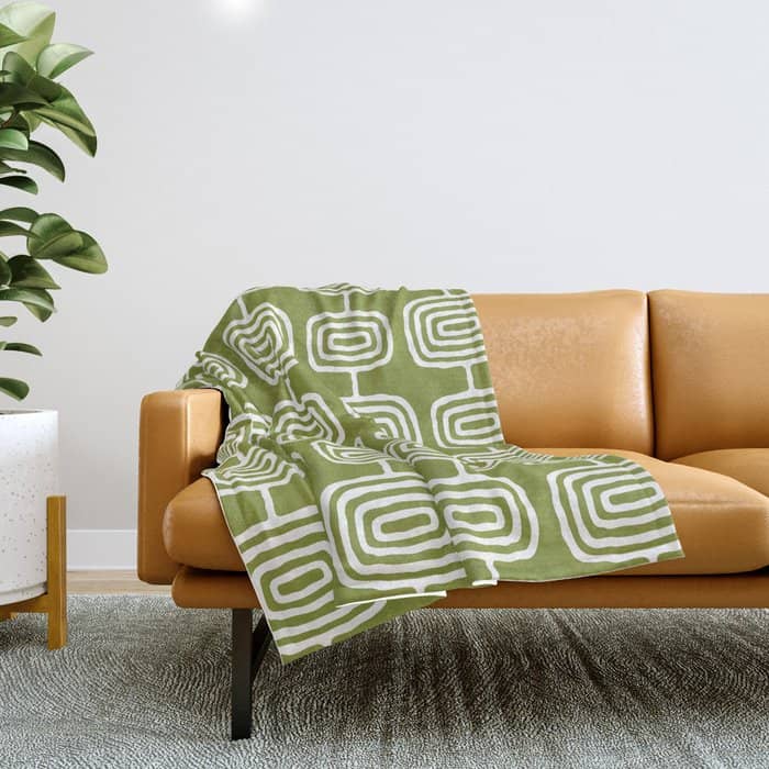 Mid Century Modern Atomic Rings Pattern Mid Mod Olive Green Throw Blanket