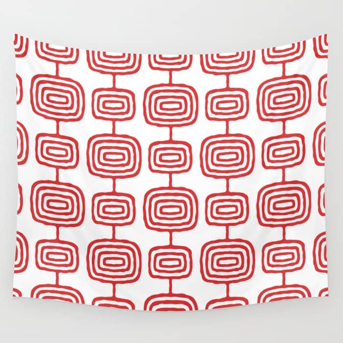 Mid Century Modern Atomic Rings Pattern Red 3 Wall Tapestry