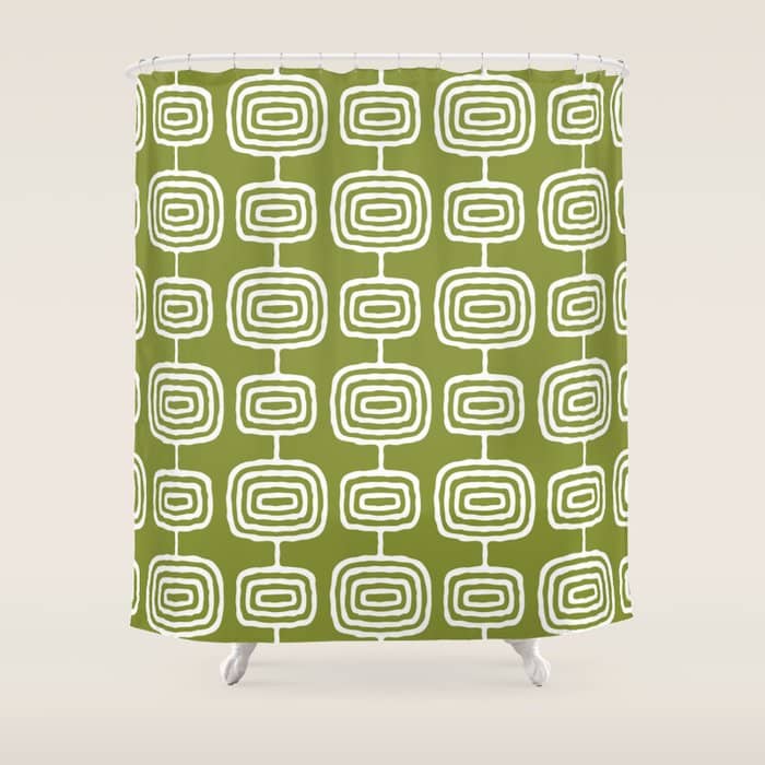 Mid Century Modern Atomic Rings Pattern Mid Mod Olive Green Shower Curtain