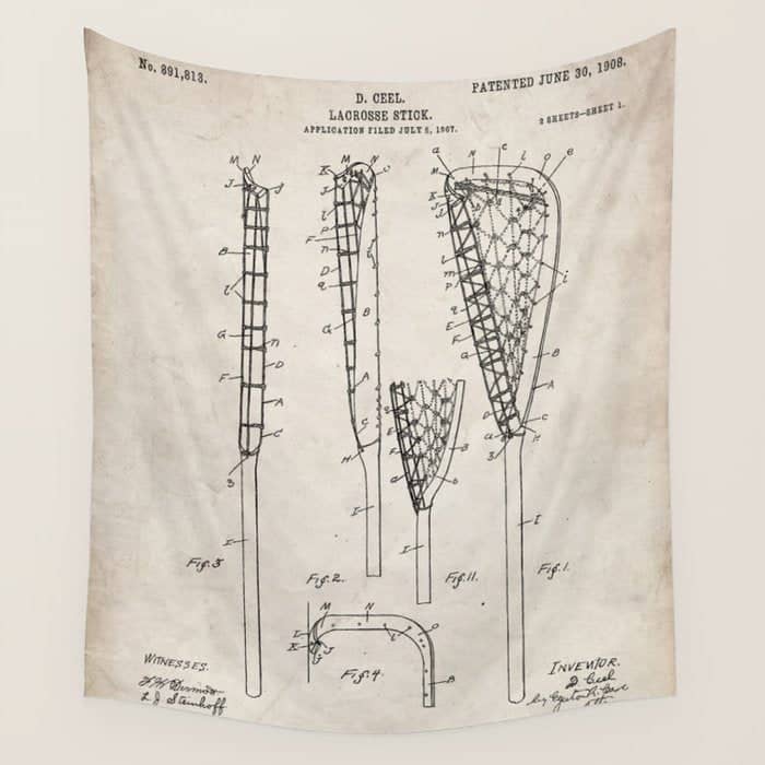 Lacrosse Stick Patent - Lacrosse Player Art - Antique Wall Tapestry