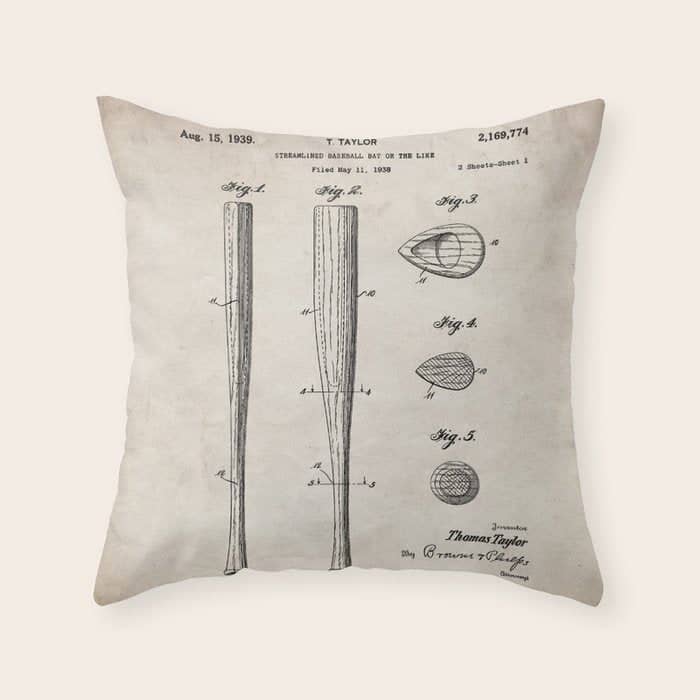 Baseball Bat Patent - Baseball Art - Antique Throw Pillow