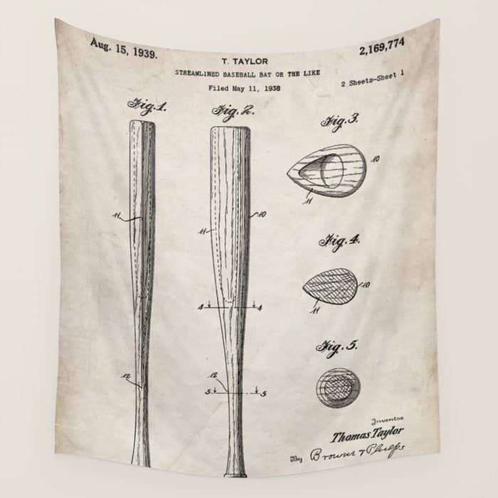 Baseball Bat Patent - Baseball Art - Antique Wall Tapestry