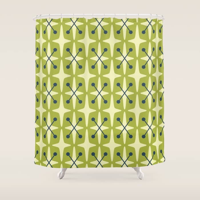 Mid Century Modern Atomic Starburst Pattern 541 Green Shower Curtain