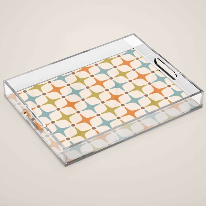 Mid Century Modern Star Pattern 817 Orange Brown Blue And Olive Green Acrylic Tray