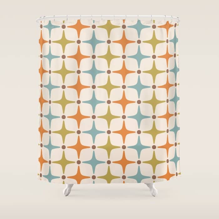 Mid Century Modern Star Pattern 817 Orange Brown Blue And Olive Green Shower Curtain