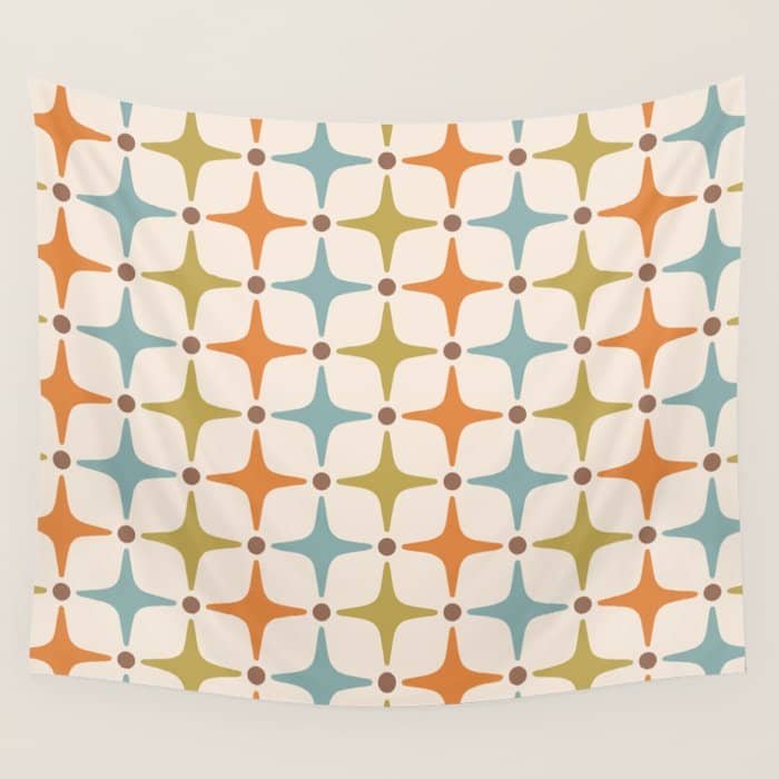 Mid Century Modern Star Pattern 817 Orange Brown Blue And Olive Green Wall Tapestry
