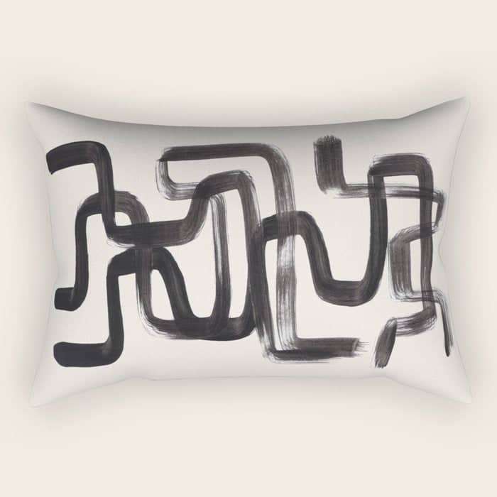 Mid Century Modern Minimalist Abstract Art Brush Strokes Black & White Ink Art Pipe Maze Rectangular Pillow