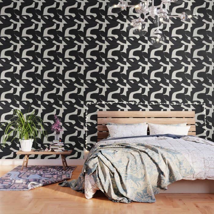 Mid Century Modern Minimalist Abstract Art Brush Strokes Black & White Ink Art Maze Wallpaper