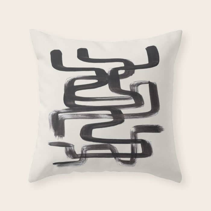 Mid Century Modern Minimalist Abstract Art Brush Strokes Black & White Ink Art Pipe Maze Throw Pillow