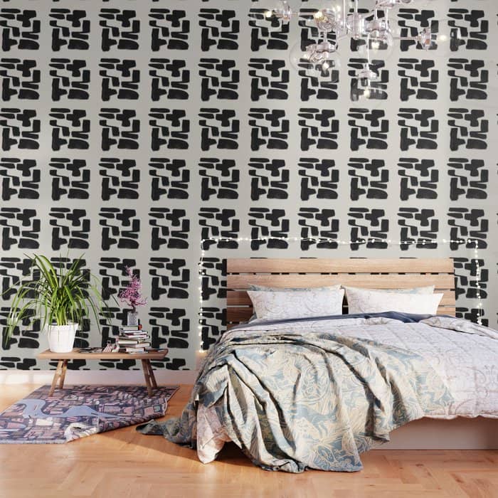 Mid Century Modern Minimalist Abstract Art Brush Strokes Black & White Ink Art Shapes Wallpaper
