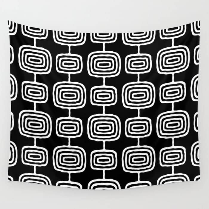 Mid Century Modern Atomic Rings Pattern Black And White Wall Tapestry