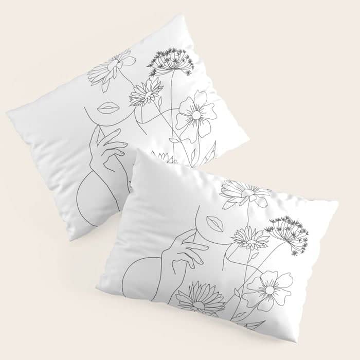 Minimal Line Art Woman With Flowers Iii Pillow Sham
