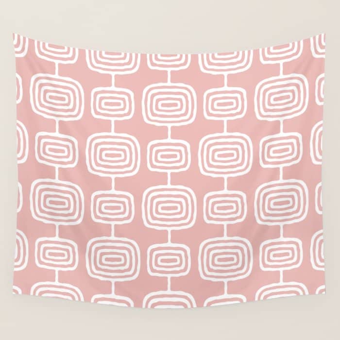 Mid Century Modern Atomic Rings Pattern Dusty Rose Wall Tapestry