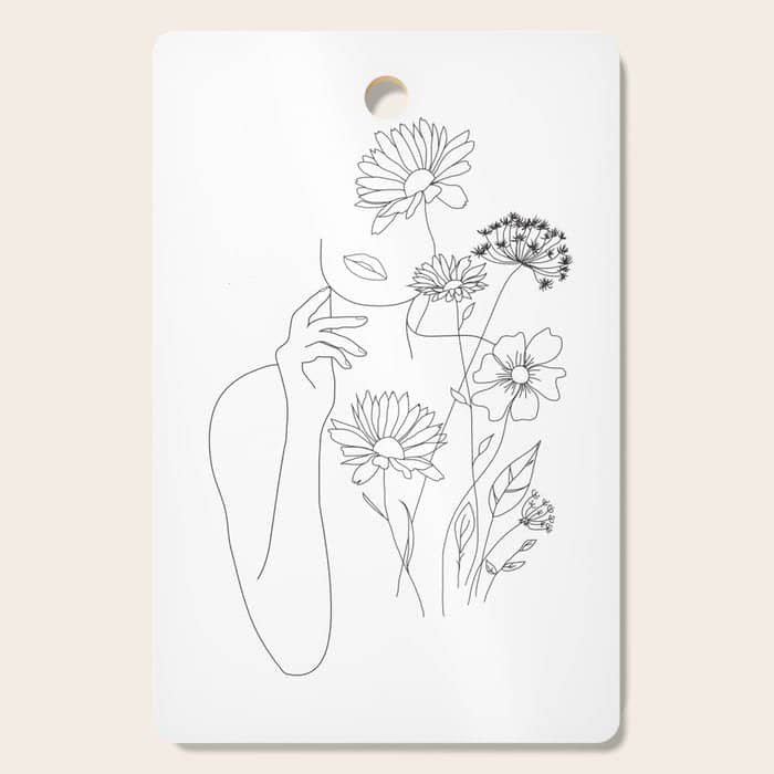 Minimal Line Art Woman With Flowers Iii Cutting Board
