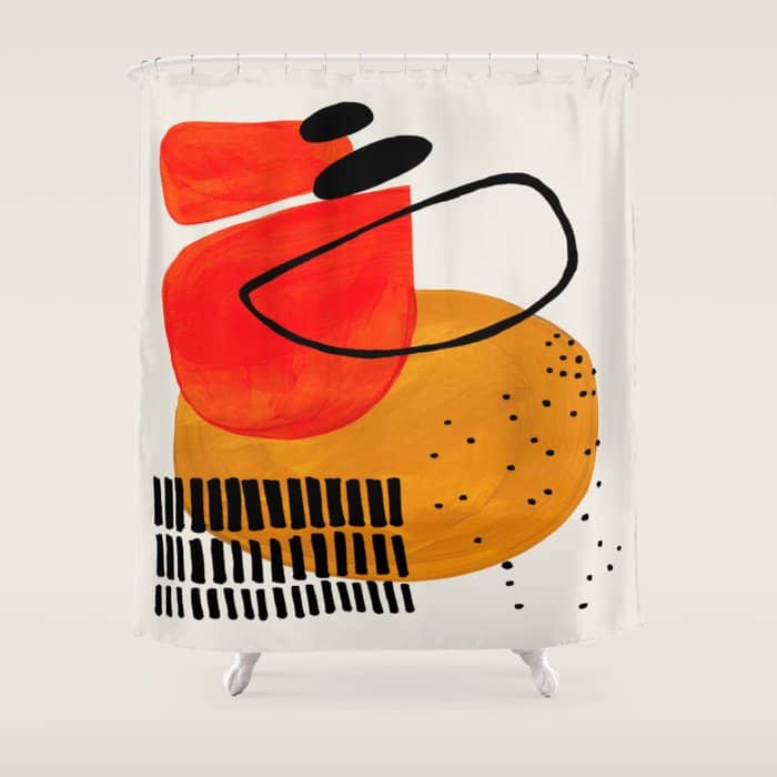 Mid Century Modern Abstract Colorful Art Yellow Ball Orange Shapes Orbit Black Pattern Shower Curtain