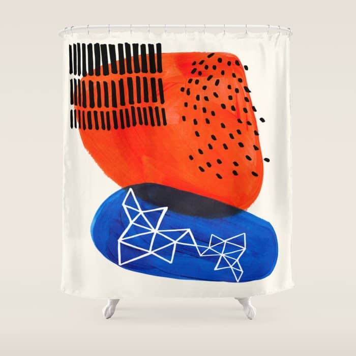 Mid Century Modern Abstract Minimalist Fun Colorful Shapes Patterns Orange Blue Bubbles Organic Shower Curtain