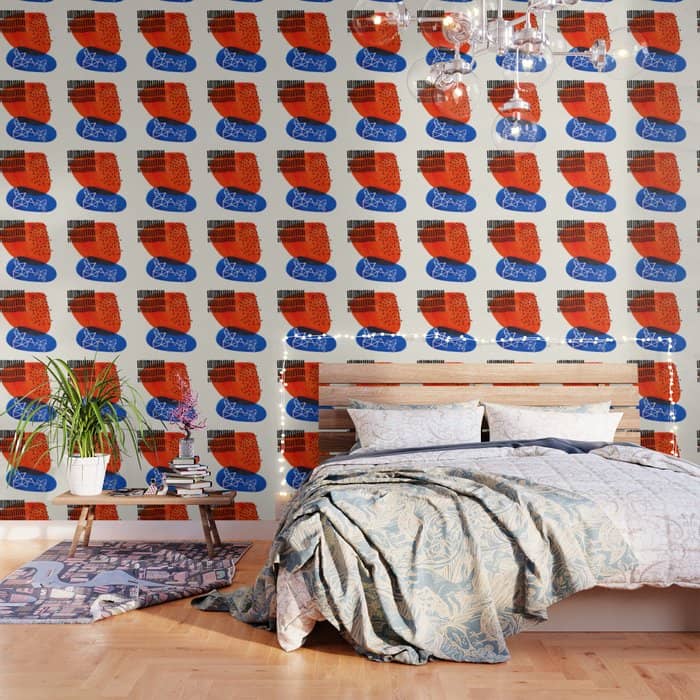 Mid Century Modern Abstract Minimalist Fun Colorful Shapes Patterns Orange Blue Bubbles Organic Wallpaper