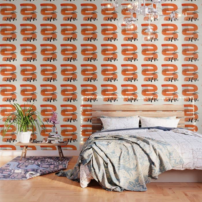 Mid Century Modern Abstract Minimalist Fun Colorful Shapes Patterns Orange Watercolor Wiggle Stroke Wallpaper