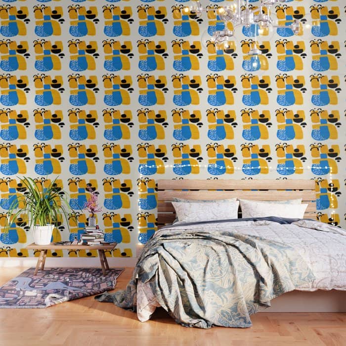 Mid Century Modern Abstract Minimalist Fun Colorful Shapes Patterns Ikea Yellow & Blue Wallpaper