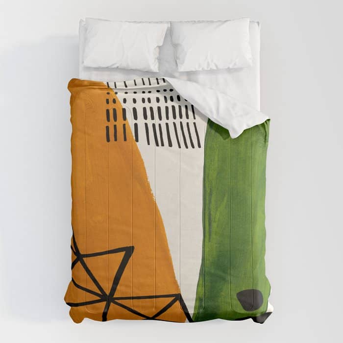Mid Century Modern Abstract Minimalist Retro Vintage Style Yellow Ochre Olive Green Shapes Ornament Comforter