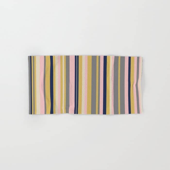 Variegated Thin Stripes Pattern In Mustard Yellow, Gray, Navy Blue, And Pink Bath Towel