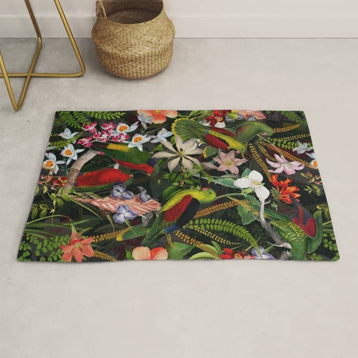 Vintage & Shabby Chic - Black Tropical Parrot Night Garden Rug