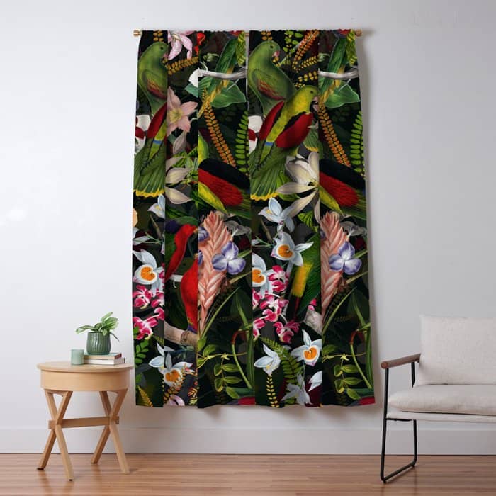 Vintage & Shabby Chic - Black Tropical Parrot Night Garden Window Curtain