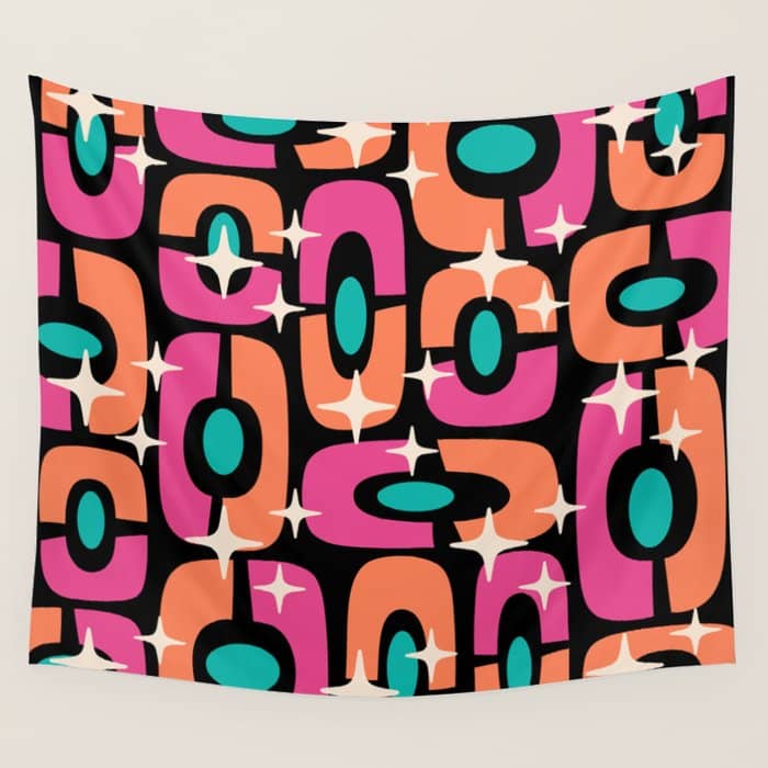 Mid Century Modern Cosmic Abstract 356 Magenta Orange Turquoise Black And Beige Wall Tapestry