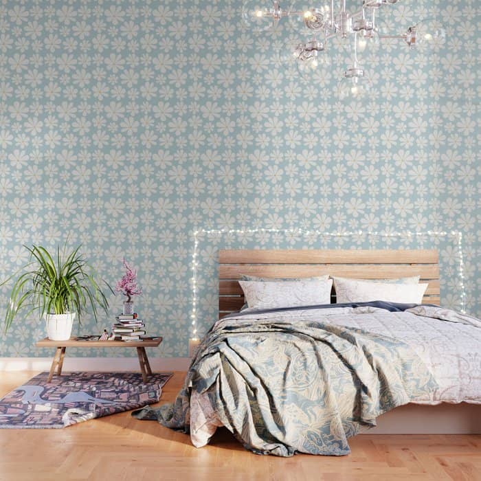 Retro Daisy Pattern - Pastel Blue Wallpaper