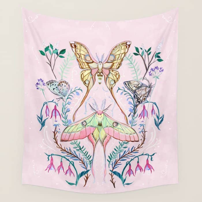 Chinese Moon Moth And Butterflies Wall Tapestry