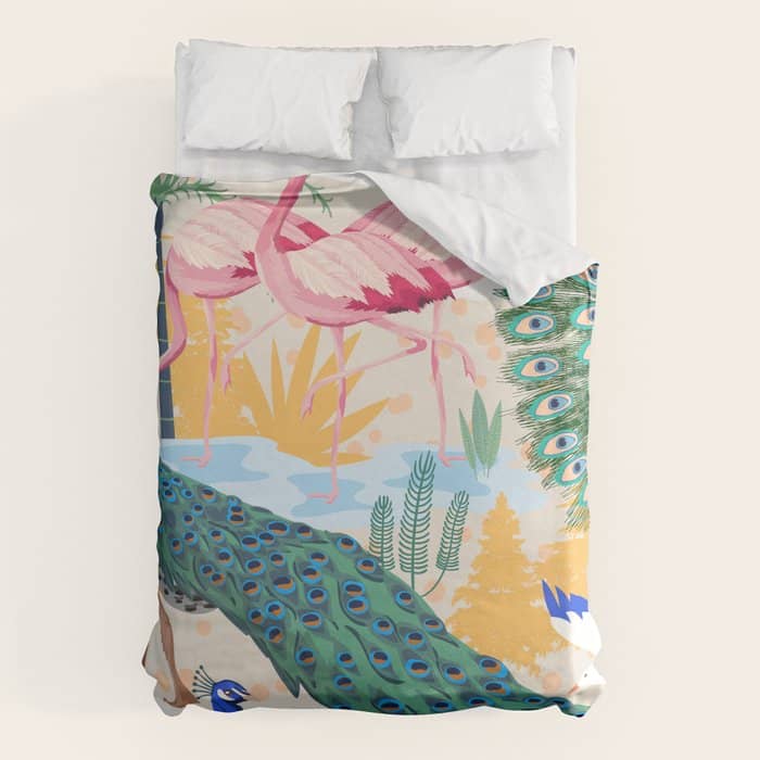 Utopia, Tropical Wildlife Animals, Flamingo Peacock Seagull Vintage Botanical Palm Duvet Cover