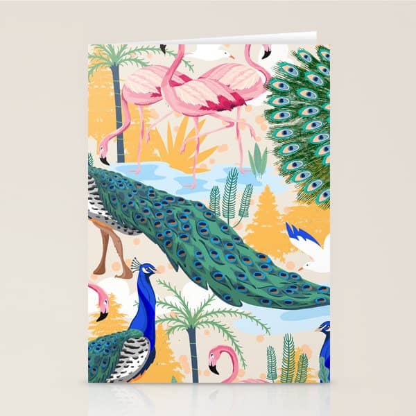 Utopia, Tropical Wildlife Animals, Flamingo Peacock Seagull Vintage Botanical Palm Stationery Card