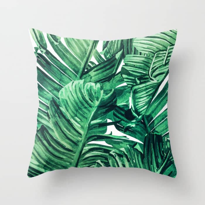 Tropical State Of Mind | Watercolor Palm Banana Leaves Painting | Botanical Jungle Bohemian Plants Throw Pillow