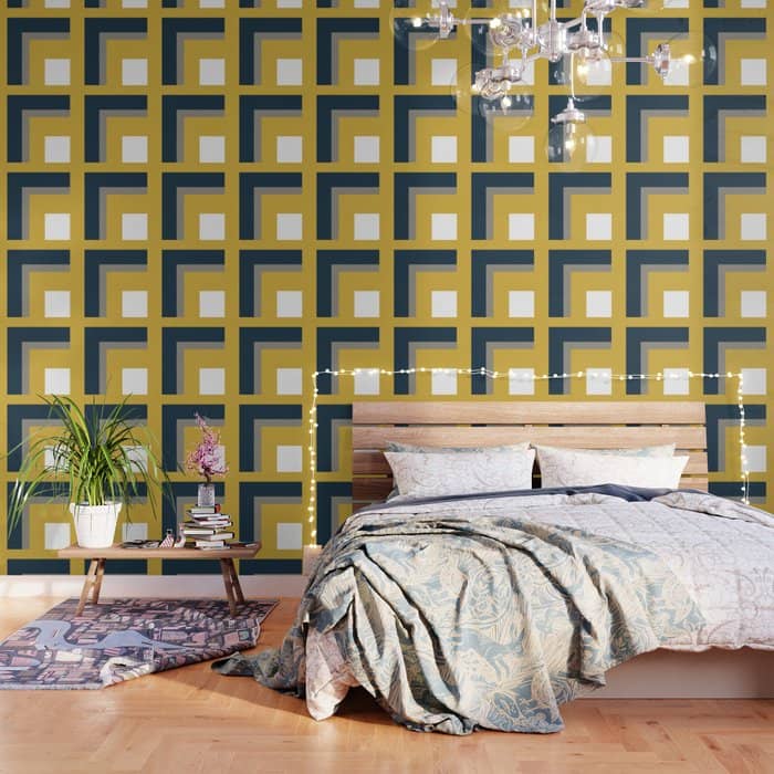 Half Frame Minimalist Pattern In Deep Mustard Yellow, Navy Blue, Gray, And White Wallpaper