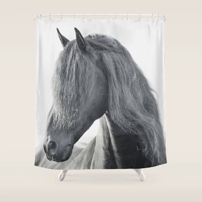 Wild Stallion - Black And White Photography, Friesian Horse Shower Curtain