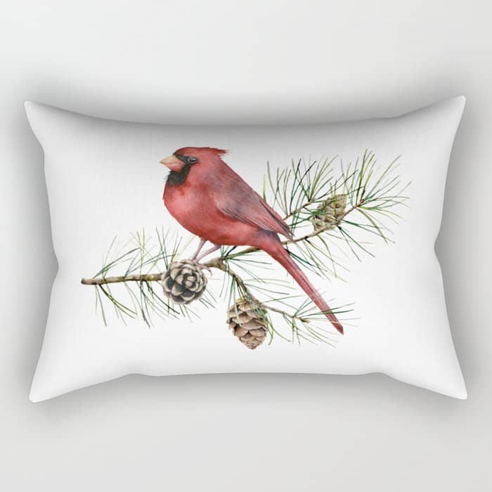 Christmas Red Cardinal Bird And Pine Watercolor Rectangular Pillow