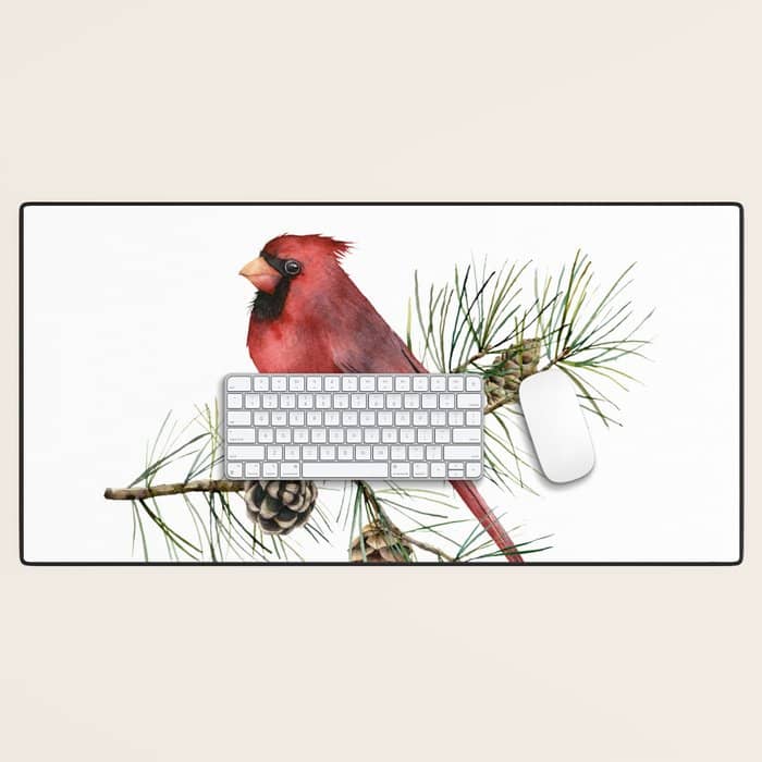 Christmas Red Cardinal Bird And Pine Watercolor Desk Mat