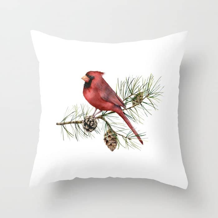 Christmas Red Cardinal Bird And Pine Watercolor Throw Pillow