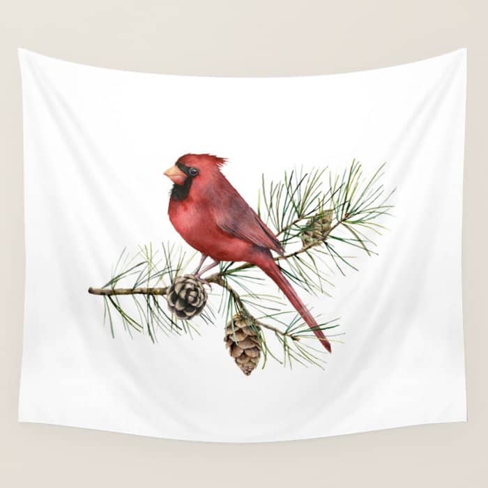 Christmas Red Cardinal Bird And Pine Watercolor Wall Tapestry