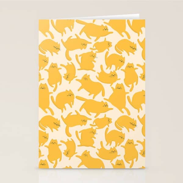 Yellow Silly Cats Pattern Stationery Card